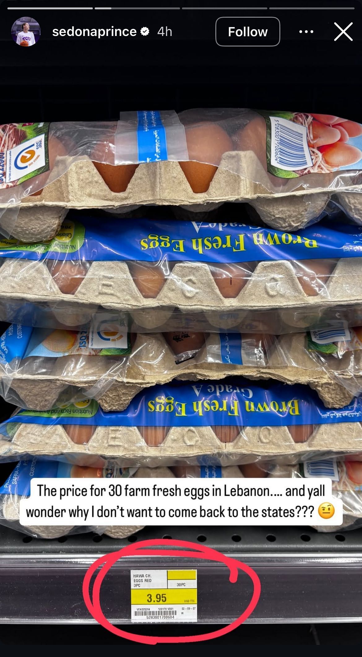 Sedona Prince points out inexpensive egg prices in Lebanon